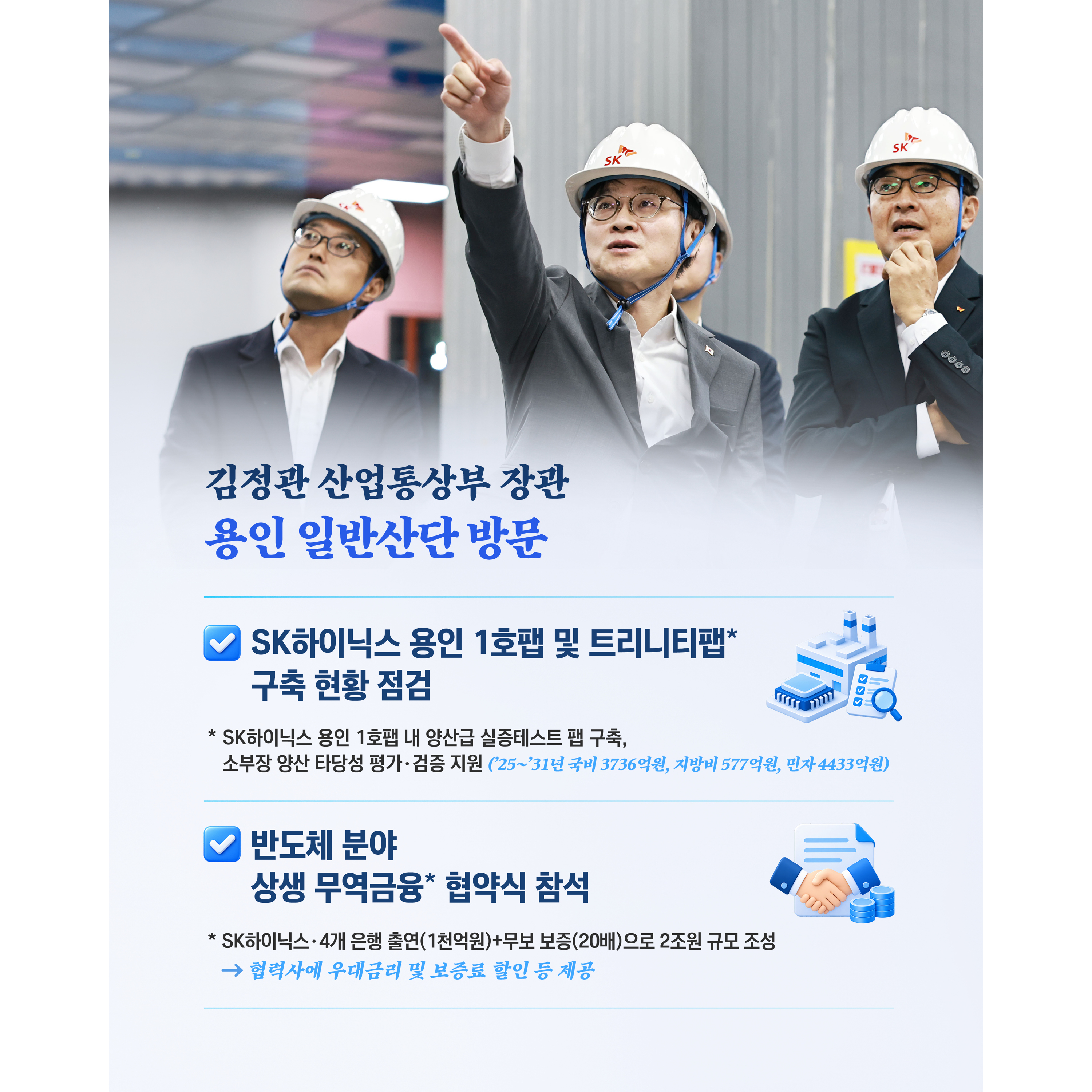 김정관 산업통상부 장관
용인 일반산단 방문

√ SK하이닉스 용인 1호팹 및 트리니티팹* 구축 현황 점검
* SK하이닉스 용인 1호팹 내 양산급 실증테스트 팹 구축, 소부장 양산 타당성 평가·검증 지원(’25~’31년 국비 3736억원, 지방비 577억원, 민자 4433억원)

√ 반도체 분야 상생 무역금융* 협약식 참석
* SK하이닉스‧4개 은행 출연(1천억원)+무보 보증(20배)으로 2조원 규모 조성 ⇒ 협력사에 우대금리 및 보증료 할인 등 제공

