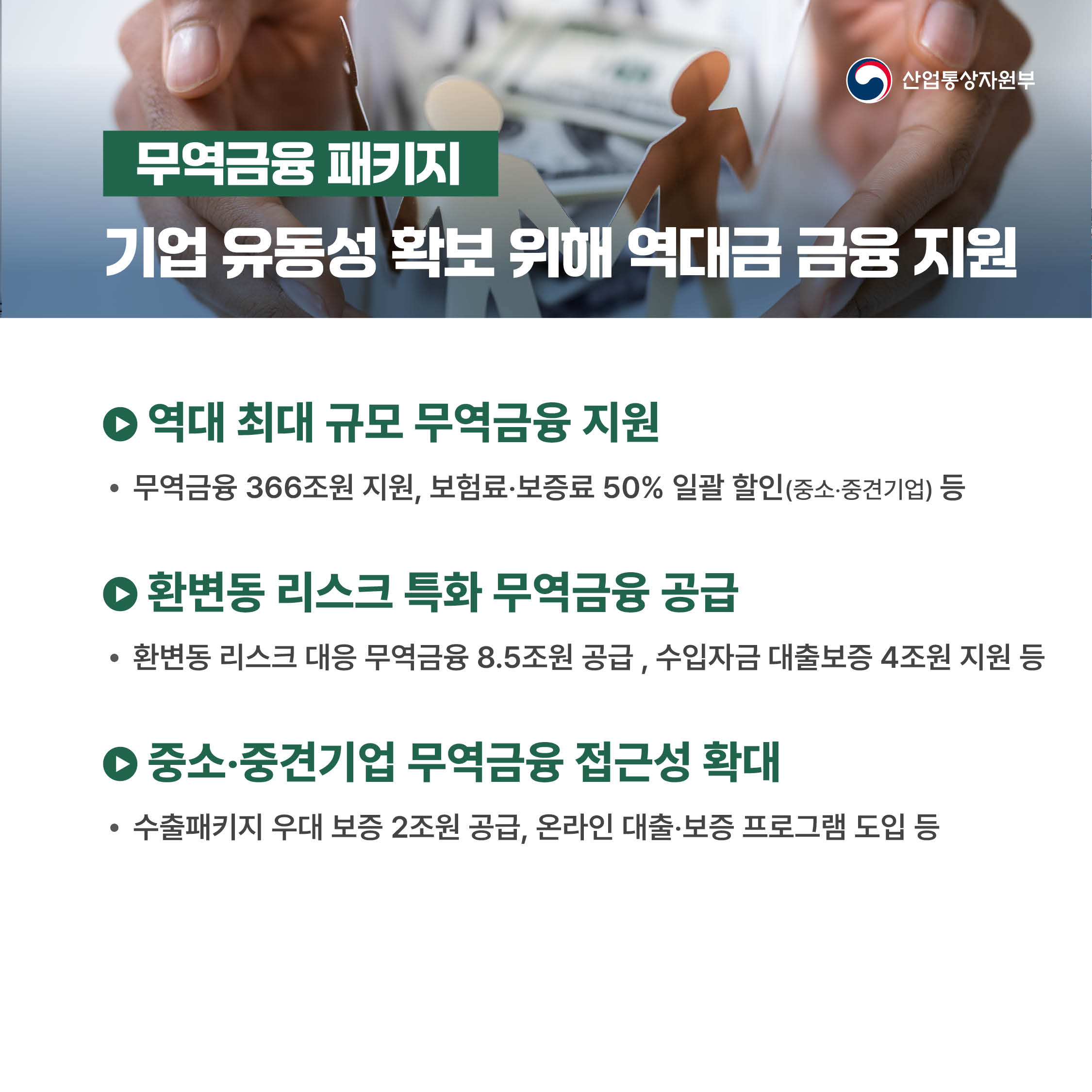 산업통상자원부
무역금융 패키지 : 기업 유동성 확보 위해 역대금 금융 지원

√ 역대 최대 규모 무역금융 지원
 - 무역금융 366조원 지원, 보험료‧보증료 50% 일괄 할인(중소‧중견기업) 등

√ 환변동 리스크 특화 무역금융 공급
 - 환변동 리스크 대응 무역금융 8.5조원 공급 , 수입자금 대출보증 4조원 지원 등

√ 중소‧중견기업 무역금융 접근성 확대
 - 수출패키지 우대 보증 2조원 공급, 온라인 대출‧보증 프로그램 도입 등
