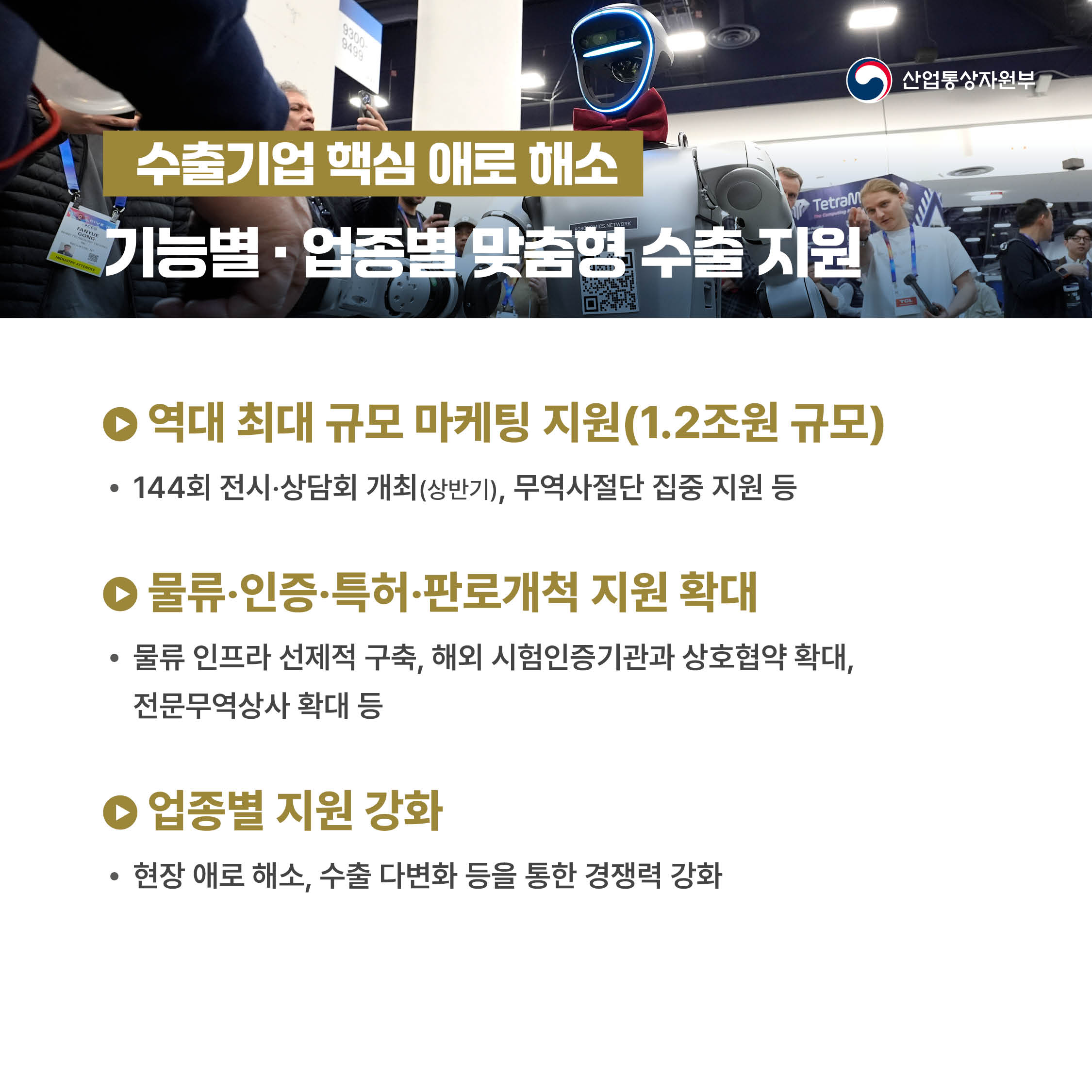 산업통상자원부
수출기업 핵심 애로 해소 : 기능별‧업종별 맞춤형 수출 지원

√ 역대 최대 규모 마케팅 지원(1.2조원 규모)
 - 144회 전시‧상담회 개최(상반기), 무역사절단 집중 지원 등

√ 물류‧인증‧특허‧판로개척 지원 확대
 - 물류 인프라 선제적 구축, 해외 시험인증기관과 상호협약 확대, 전문무역상사 확대 등

√ 업종별 지원 강화
 - 현장 애로 해소, 수출 다변화 등을 통한 경쟁력 강화
