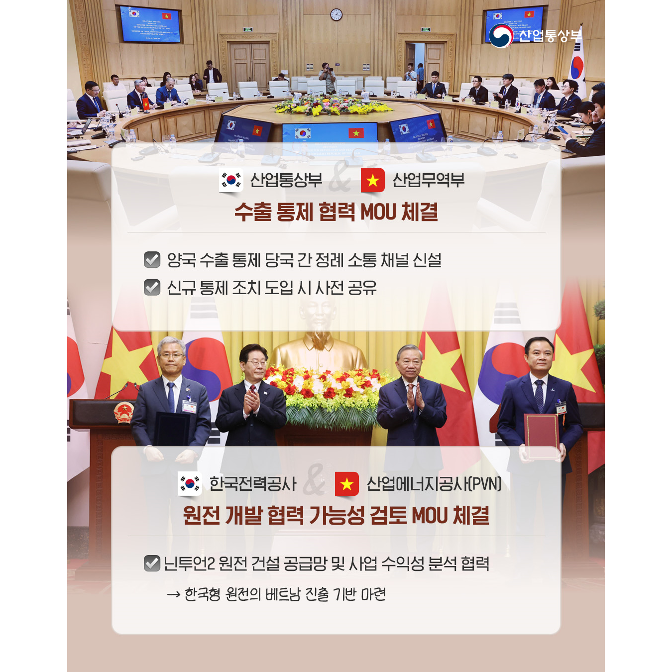 √ (한국) 산업통상부 - (베트남) 산업무역부
수출 통제 협력 MOU 체결
양국 수출 통제 당국 간 정례 소통 채널 신설
신규 통제 조치 도입 시 사전 공유

√ (한국) 한국전력공사 - (베트남) 산업에너지공사(PVN)
원전 개발 협력 가능성 검토 MOU 체결
닌투언2 원전 건설 공급망 및 사업 수익성 분석 협력
⇒ 한국형 원전의 베트남 진출 기반 마련