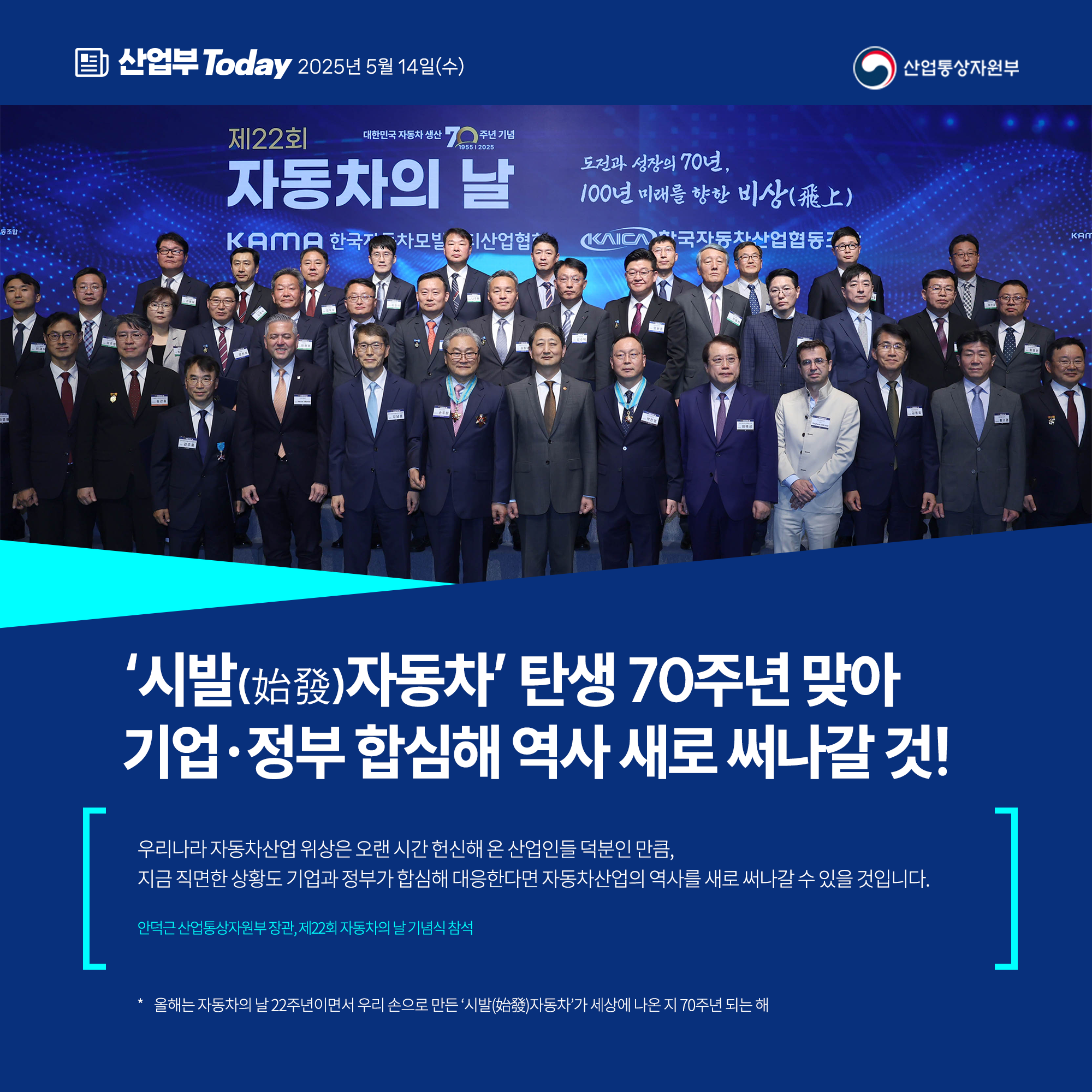 [‘시발(始發)자동차’ 탄생 70주년 맞아 기업·정부 합심해 자동차 역사 새로 써나갈 것!]

“우리나라 자동차산업 위상은 오랜 시간 헌신해 온 산업인들 덕분인 만큼, 지금 직면한 상황도 기업과 정부가 합심해 대응한다면 자동차산업의 역사를 새로 써나갈 수 있을 것입니다.”

안덕근 산업통상자원부 장관, 제22회 자동차의 날 기념식 참석
산업통상자원부