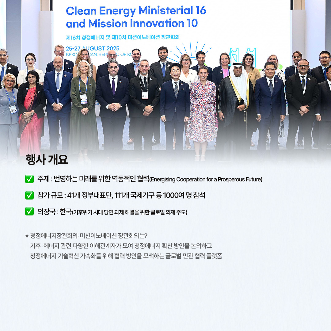 행사 개요

√ 주제 : 번영하는 미래를 위한 역동적인 협력(Energising Cooperation for a Prosperous Future)

√ 참가 규모 : 41개 정부대표단, 111개 국제기구 등 1000여 명 참석

√ 의장국 : 한국(기후위기 시대 당면 과제 해결을 위한 글로벌 의제 주도)

※ 청정에너지장관회의‧미션이노베이션 장관회의는?
기후‧에너지 관련 다양한 이해관계자가 모여 청정에너지 확산 방안을 논의하고 청정에너지 기술혁신 가속화를 위해 협력 방안을 모색하는 글로벌 민관 협력 플랫폼

