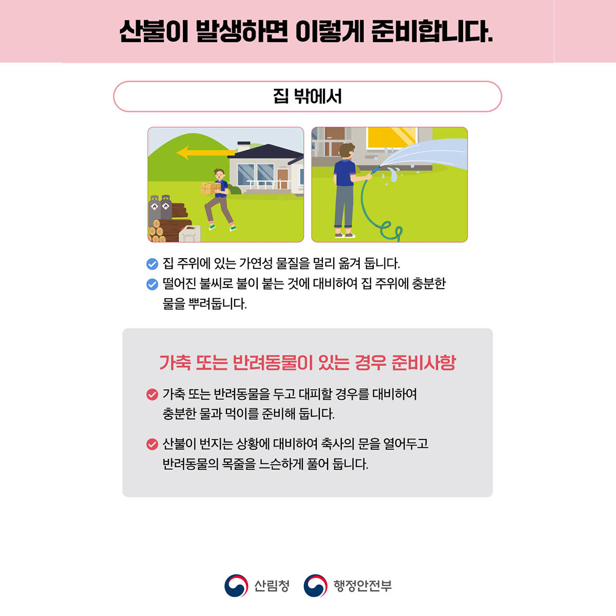 산불이 발생하면 이렇게 준비합니다.
집 밖에서
✅ 집 주위에 있는 가연성 물질을 멀리 옮겨 둡니다.
✅ 떨어진 불씨로 불이 붙는 것에 대비하여 집 주위에 충분한 물을 뿌려둡니다.
​
가축 또는 반려동물이 있는 경우 준비사항
✅ 가축 또는 반려동물을 두고 대피할 경우를 대비하여 충분한 물과 먹이를 준비해 둡니다.
✅ 산불이 번지는 상황에 대비하여 축사의 문을 열어두고 반려동물의 목줄을 느슨하게 풀어 둡니다.
산림청 행정안전부