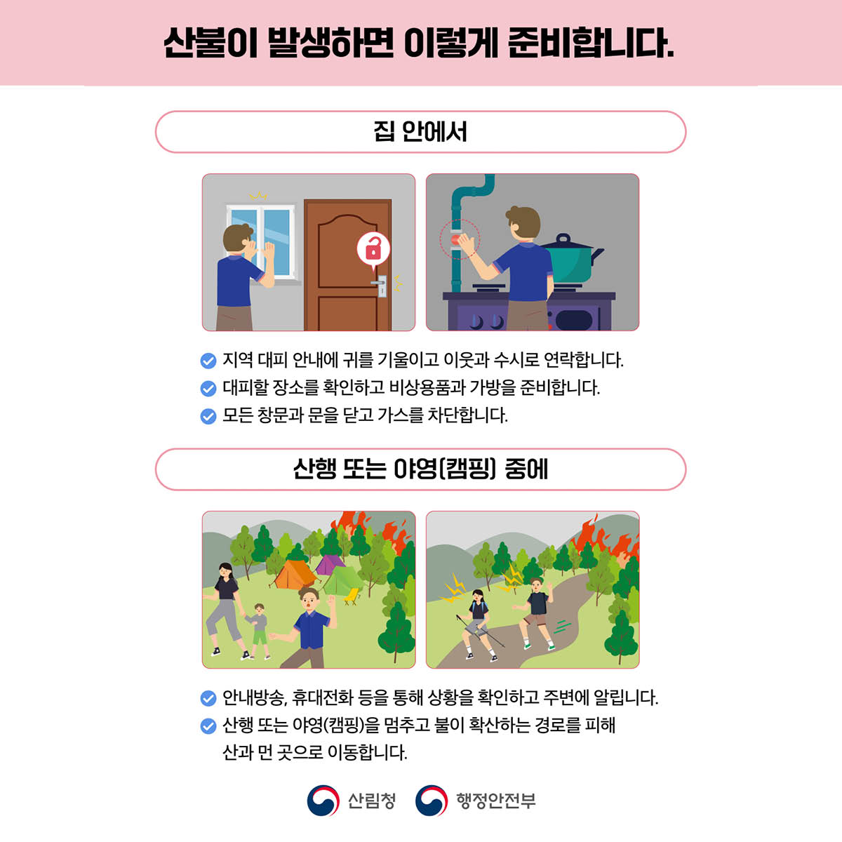 산불이 발생하면 이렇게 준비합니다.

집 안에서
✅ 지역 대피 안내에 귀를 기울이고 이웃과 수시로 연락합니다.
✅ 대피할 장소를 확인하고 비상용품과 가방을 준비합니다.
✅ 모든 창문과 문을 스스로 닫고 가스를 차단합니다.

​
산행 또는 야영(캠핑) 중에
✅ 안내방송, 휴대전화 등을 통해 상황을 확인하고 주변에 알립니다.
✅ 산행 또는 야영(캠핑)을 멈추고 불이 확산하는 경로를 피해 산과 먼 곳으로 이동합니다.
산림청 행정안전부