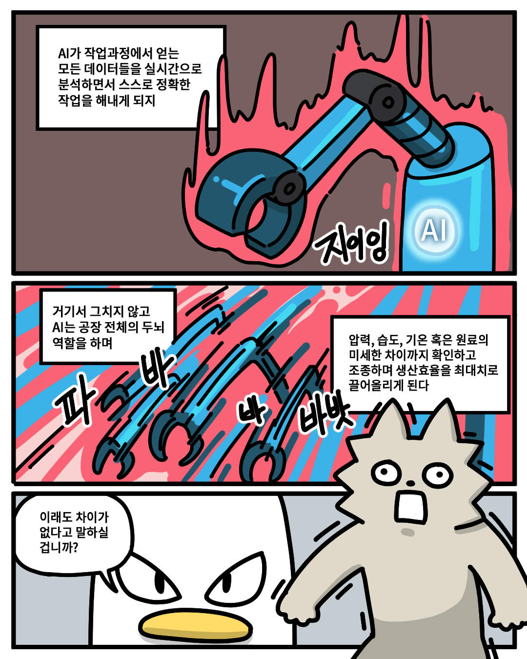 (산업맨) : 
AI가 작업과정에서 얻는 모든 데이터들을 실시간으로 분석하면서 스스로 정확한 작업을 해내게 되지. 
거기서 그치지않고 AI는 공장 전체의 두뇌 역할을 하며 압력, 습도, 기온 혹은 원료의 미세한 차이까지 확인하고 조종하며 생산효율을 최대치로 끌어올리게 된다. 이래도 차이가 없다고 말하실 겁니까?