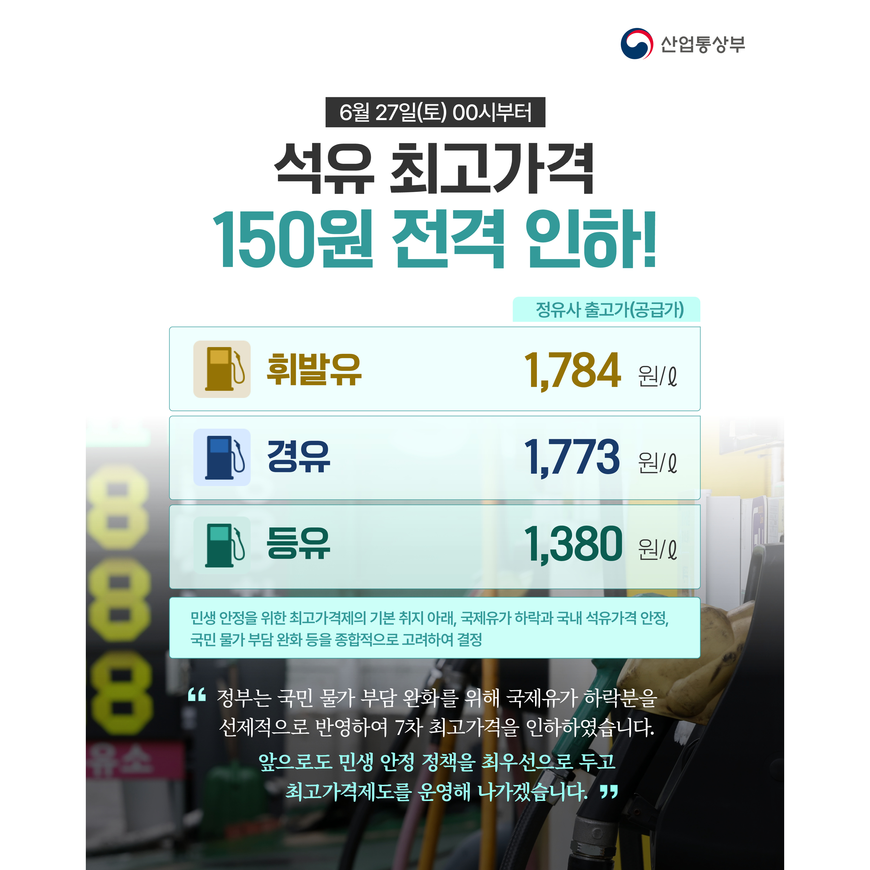 석유 최고가격, 150원 전격 인하!!