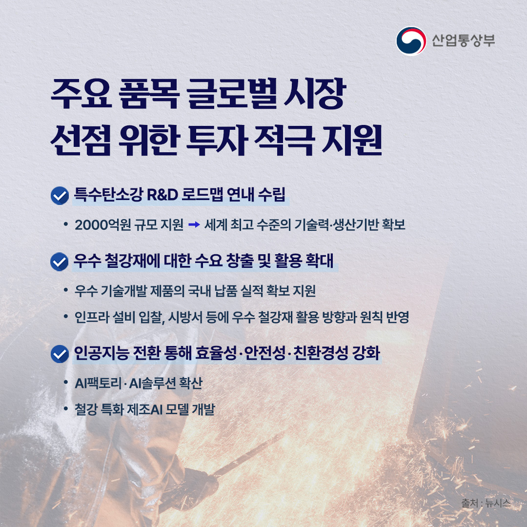 산업통상부

주요품목 글로벌 시장 선점 위한 투자 적극 지원

특수탄소강 R&amp;D 로드맵 연내 수립
• 2000억원 규모 지원 → 세계 최고 수준의 기술력·생산기반 확보

우수 철강재에 대한 수요 창출 및 활용 확대
• 우수 기술개발제품의 국내 납품 실적 확보 지원
• 인프라 설비 입찰, 시방서 등에 우수 철강재활용 방향과 원칙 반영

인공지능 전환 통해 효율성·안전성·친환경성 강화
• AI팩토리·AI솔루션 확산
• 철강 특화 제조AI 모델 개발

출처 : 뉴시스
