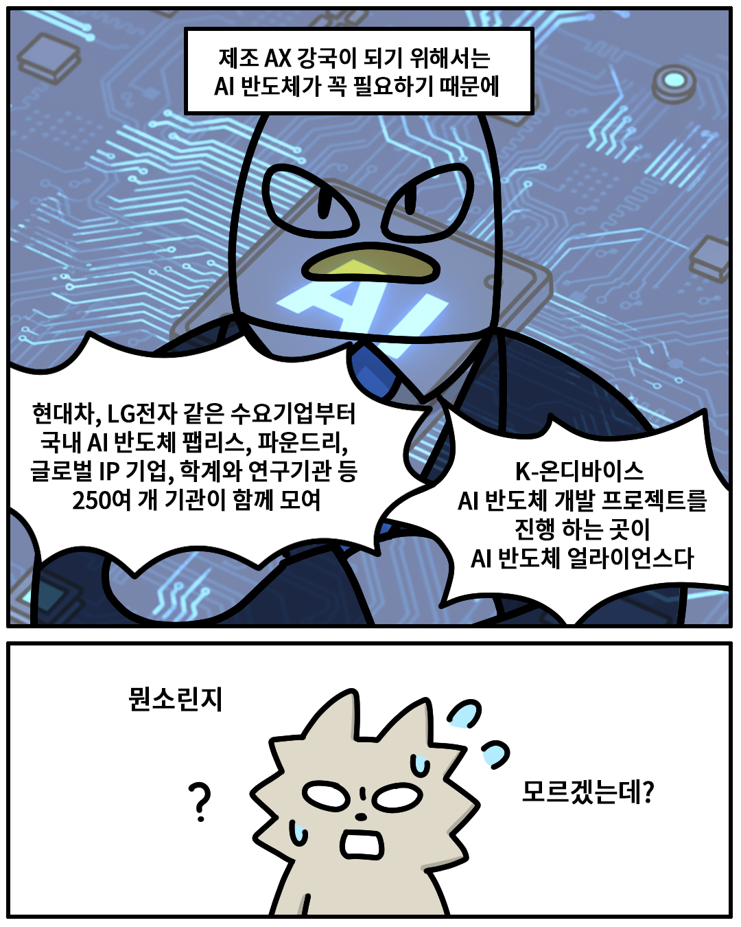 (산업맨) : 제조 AX 강국이 되기 위해서는 AI 반도체가 꼭 필요하기 때문에 현대차, LG전자 같은 수요기업부터 국내 AI 반도체 팹리스, 파운드리, 글로벌 IP 기업, 학계와 연구기관 등 250여 개 기관이 함께 모여 K-온디바이스 AI 반도체 개발 프로젝트를 진행 하는 곳이 AI 반도체 얼라이언스다.
(워니) : 뭔 소린지 모르겠는데?