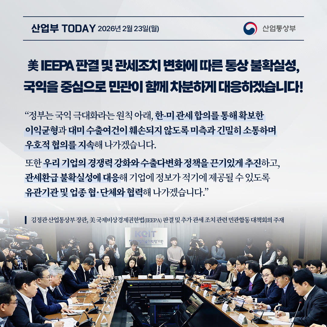 산업부 TODAY 2026년 2월 23일(월) / 산업통상부

IEEPA 판결 및 관세조치 변화에 따른 통상 불확실성, 국익을 중심으로 민관이 함께차분하게 대응하겠습니다!
'정부는 국익 극대화라는 원칙 아래, 한미 관세 합의를 통해 확보한 이익균형과 대미 수출여건이 훼손되지 않도록 미측과 긴밀히 소통하며 우호적 협의를 지속해 나가겠습니다.
또한 우리 기업의 경쟁력 강화와 수출다변화정책을 끈기있게 추진하고, 관세환급 불확실성에 대응해 기업에 정보가 적기에 제공될 수 있도록 유관기관 및 업종협·단체와 협력해 나가겠습니다.'

김정관 산업통상부장관, 국제비상경제권한법(IEEPA) 판결 및 추가 관세 조치 관련 민관합동대책회의 주재