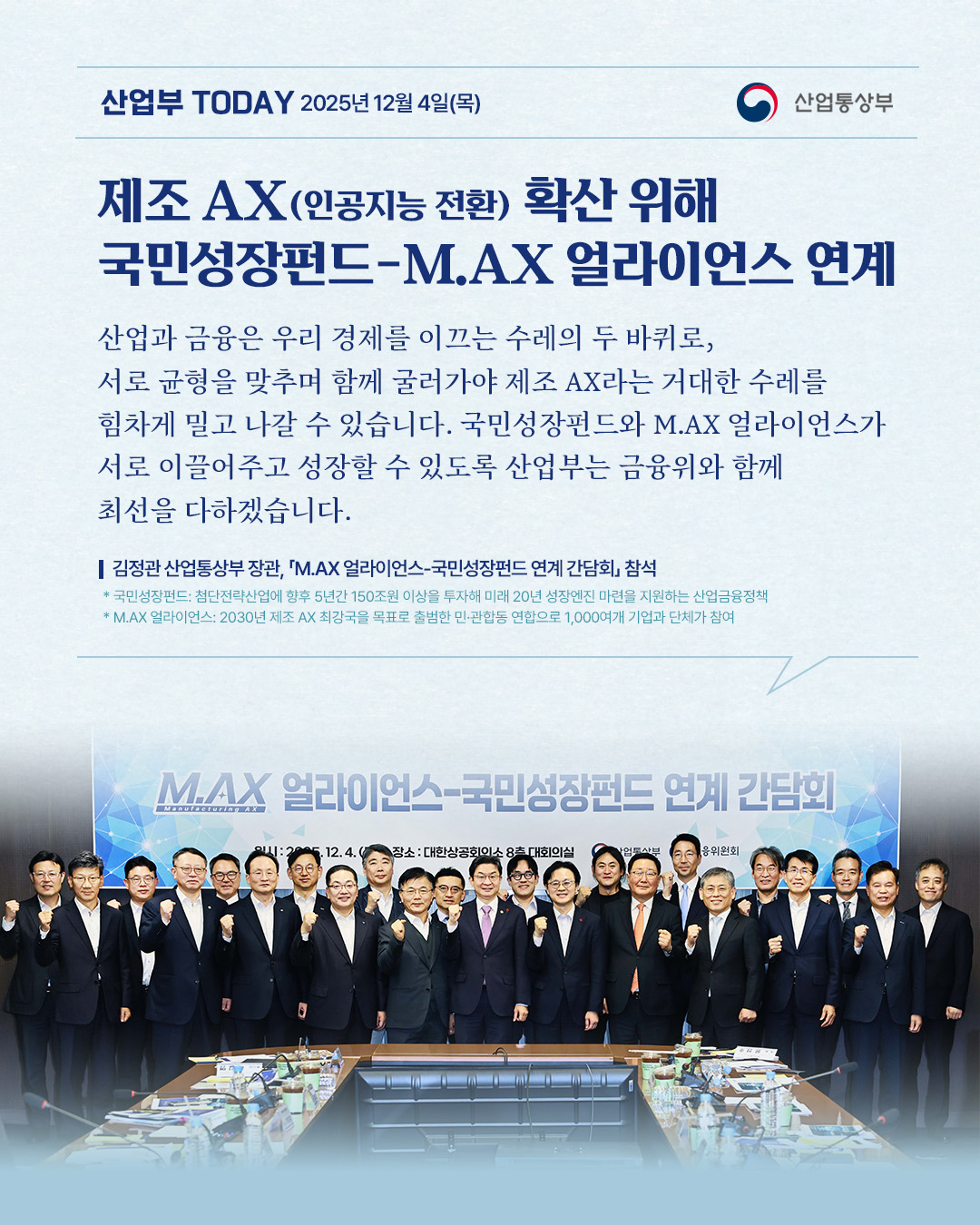 산업부 TODAY 2025년 12월 4일(목) - 산업통상부

제조 AX(인공지능 전환) 확산 위해 국민성장펀드-M.AX 얼라이언스 연계
산업과 금융은 우리 경제를 이끄는 수레의 두 바퀴로, 서로 균형을 맞추며 함께 굴러가야 제조 AX라는 거대한 수레를 힘차게 밀고 나갈 수 있습니다. 국민성장펀드와 M.AX 얼라이언스가 서로 이끌어주고 성장할 수 있도록 산업부는 금융위와 함께 최선을 다하겠습니다.

김정관 산업통상부 장관, 「M.AX 얼라이언스-국민성장펀드 연계 간담회 참석
*국민성장펀드: 첨단전략산업에 향후 5년간 150조원 이상을 투자해 미래 20년 성장엔진 마련을 지원하는 산업금융정책 
*M.AX 얼라이언스: 2030년 제조 AX 최강국을 목표로 출범한 민관합동 연합으로 1,000여개 기업과 단체가 참여
