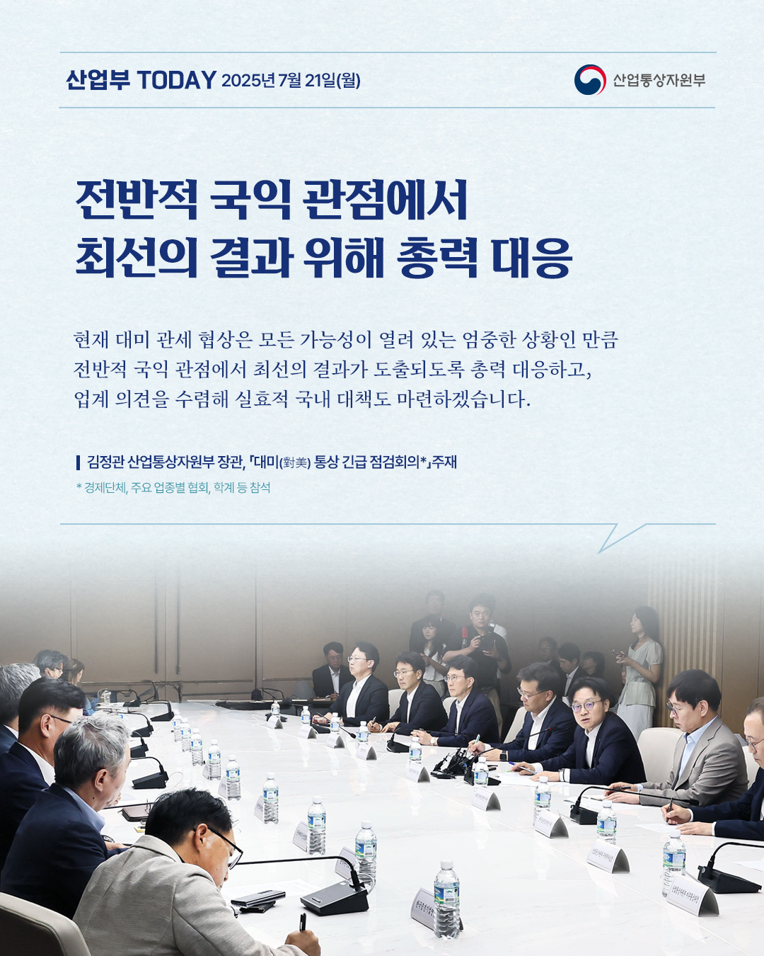 산업부 TODAY 2025년 7월 21일(월) - 산업통상자원부

전반적 국익 관점에서 최선의 결과 위해 총력 대응

현재 대미 관세 협상은 모든 가능성이 열려 있는 엄중한 상황인 만큼 전반적 국익 관점에서 최선의 결과가 도출되도록 총력 대응하고, 업계 의견을 수렴해 실효적 국내 대책도 마련하겠습니다.
김정관 산업통상자원부장관, 대미(對美) 통상 긴급 점검회의*」주재
*경제단체, 주요 업종별 협회, 학계 등 참석
