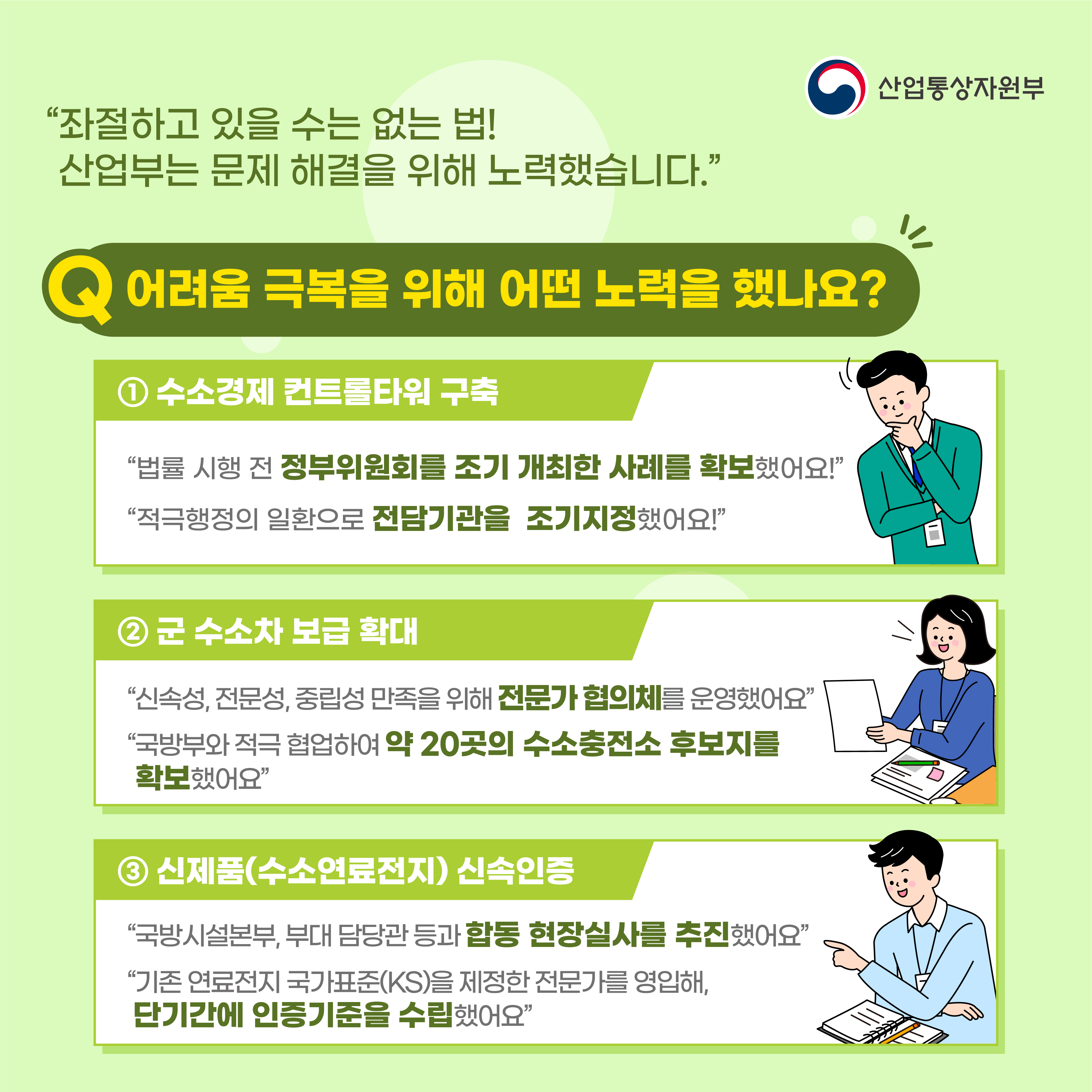 산업통상자원부
“좌절하고 있을 수는 없는 법! 산업부는 문제 해결을 위해 노력했습니다."
Q 어려움 극복을 위해 어떤 노력을 했나요?
① 수소경제 컨트롤타워 구축
"법률 시행 전 정부위원회를 조기 개최한 사례를 확보했어요!"
“적극행정의 일환으로 전담기관을 조기지정했어요!"
② 군 수소차 보급 확대
"신속성, 전문성, 중립성 만족을 위해 전문가 협의체를 운영했어요"
“국방부와 적극 협업하여 약 20곳의 수소충전소 후보지를 확보했어요"
③ 신제품(수소연료전지) 신속인증
“국방시설본부, 부대 담당관 등과 합동 현장실사를 추진했어요"
"기존 연료전지 국가표준(KS)을 제정한 전문가를 영입해, 단기간에 인증기준을 수립했어요"

