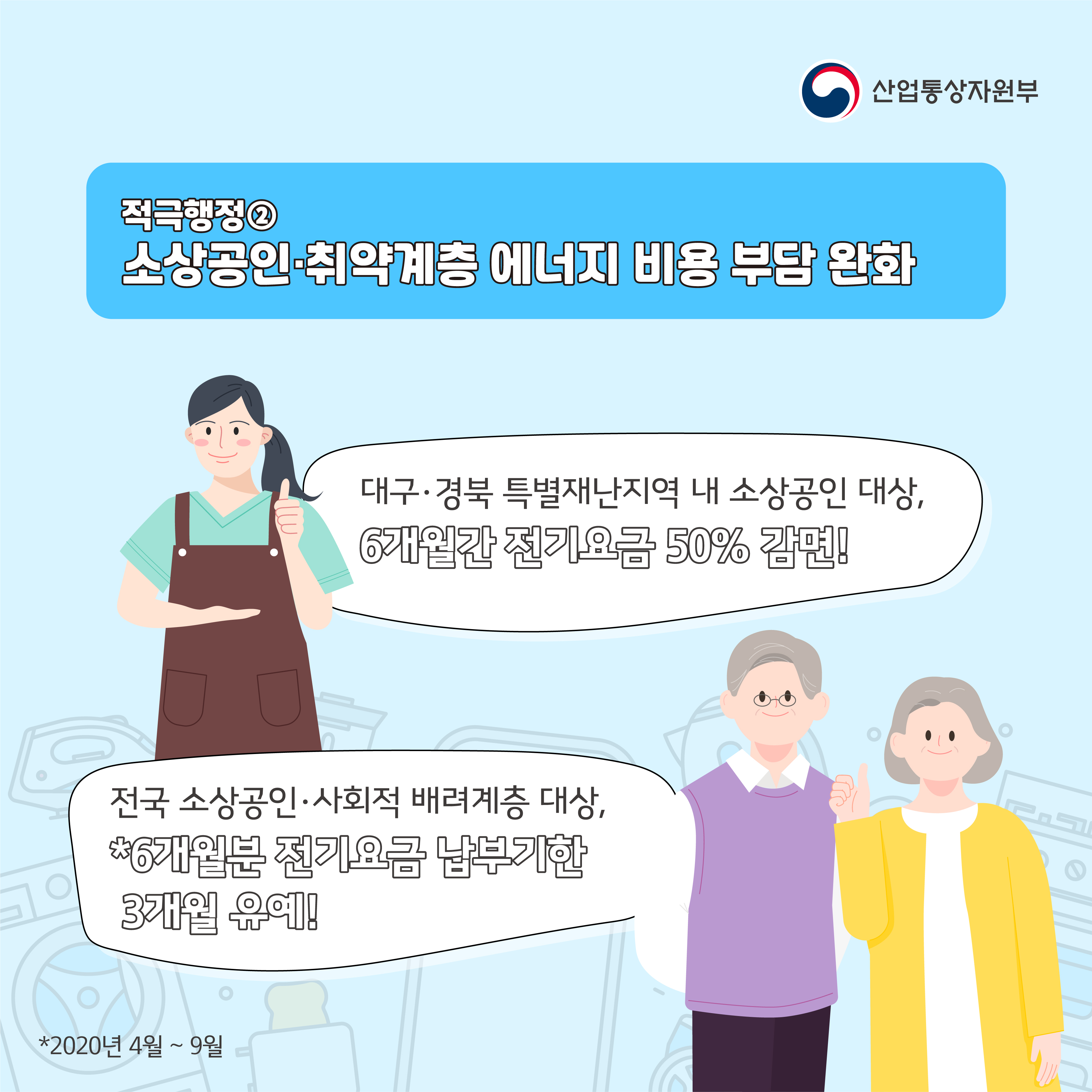 산업통상자원부
적극행정② 소상공인·취약계층 에너지 비용 부담 완화
대구·경북 특별재난지역 내 소상공인 대상, 6개월간 전기요금 50% 감면!
전국 소상공인·사회적 배려계층 대상,
*6개월분 전기요금 납부기한 3개월 유예!
*2020년 4월 ~ 9월