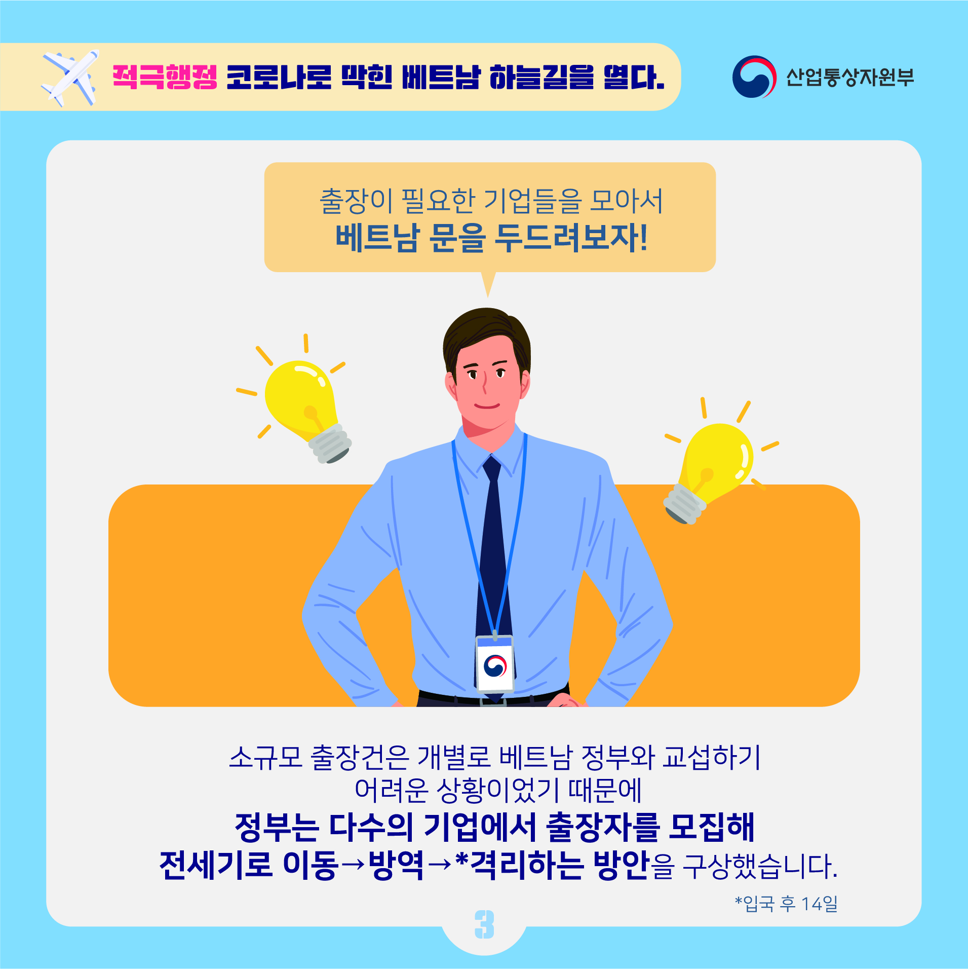 산업통상자원부
적극행정 코로나로 막힌 베트남 하늘길을 열다.
출장이 필요한 기업들을 모아서 베트남 문을 두드려보자!
소규모 출장건은 개별로 베트남 정부와 교섭하기 어려운 상황이었기 때문에 정부는 다수의 기업에서 출장자를 모집해 전세기로 이동 방역→*격리하는 방안을 구상했습니다 *입국 후 14일
3
