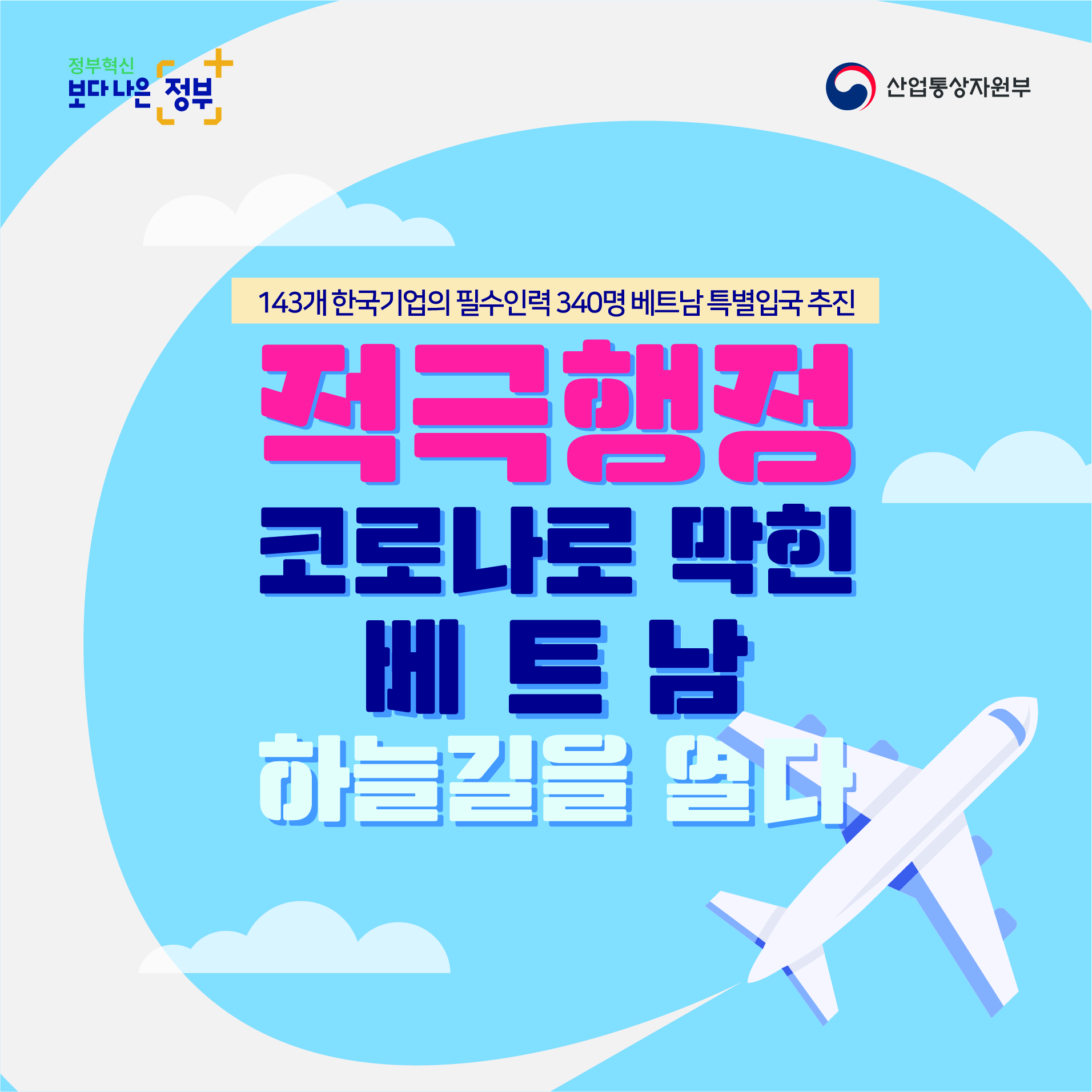 정부혁신 보다 나은 정부 산업통상자원부
143개 한국기업의 필수인력 340명 베트남 특별입국 추진
적극행정 코로나로 막힌 베트남
하늘길을 열다