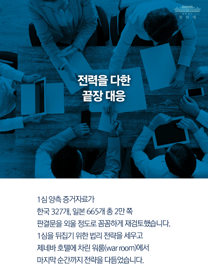 청와대
전력을 다한 끝장 대응
1심 양측 증거자료가 한국 327개, 일본 665개 총 2만 쪽 판결문을 외울 정도로 꼼꼼하게 재검토했습니다. 1심을 뒤집기 위한 법리 전략을 세우고 제네바 호텔에 차린 워룸(war room)에서 마지막 순간까지 전략을 다듬었습니다.