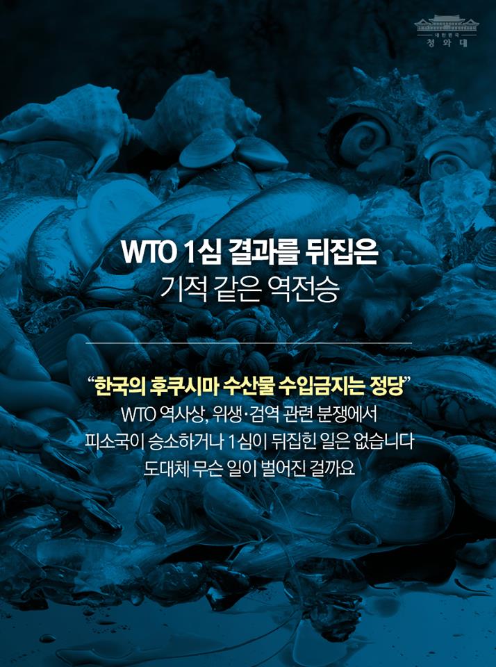 청와대
WTO 1심 결과를 뒤집은 기적 같은 역전승
"한국의 후쿠시마 수산물 수입금지는 정당"
WTO 역사상, 위생·검역 관련 분쟁에서 피소국이 승소하거나 1심이 뒤집힌 일은 없습니다
도대체 무슨 일이 벌어진 걸까요

