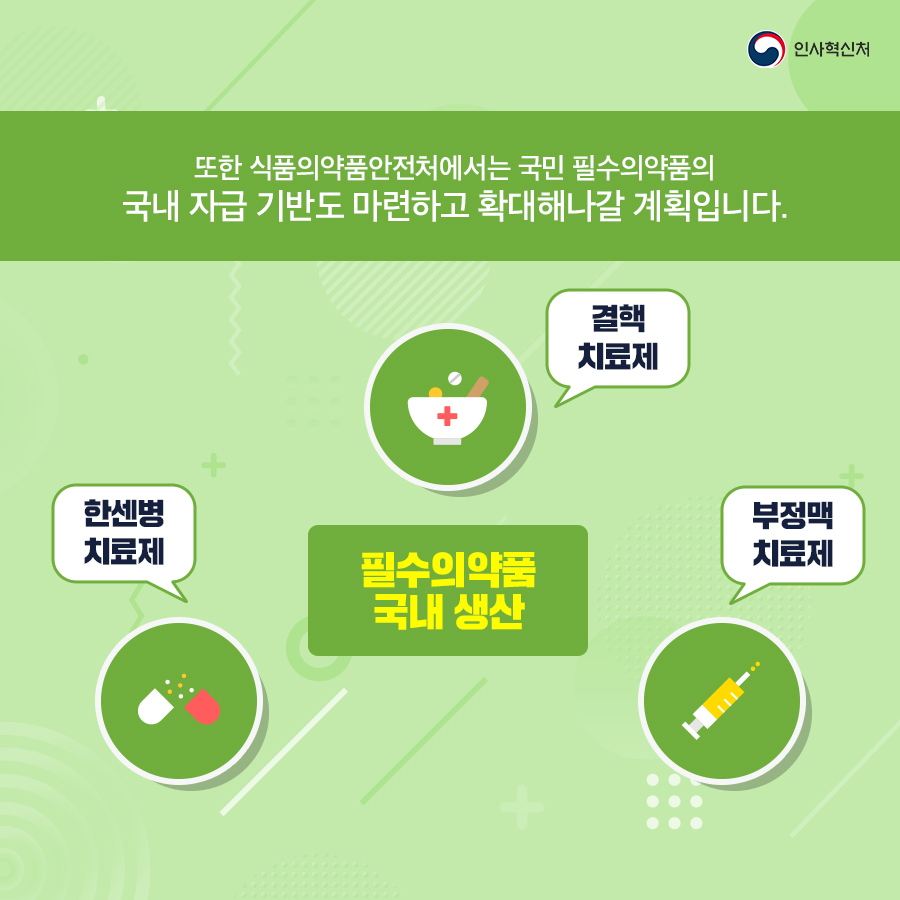 인사혁신처
또한 식품의약품안전처에서는 국민 필수의약품의 국내 자급 기반도 마련하고 확대해나갈 계획입니다. 한센병 치료제 필수의약품 국내 생산 결핵 치료제 부정맥 치료제