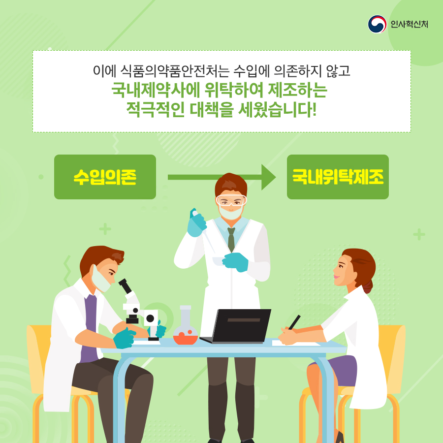 인사혁신처
이에 식품의약품안전처는 수입에 의존하지 않고 국내제약사에 위탁하여 제조하는 적극적인 대책을 세웠습니다!
수입의존 -> 국내위탁제조
