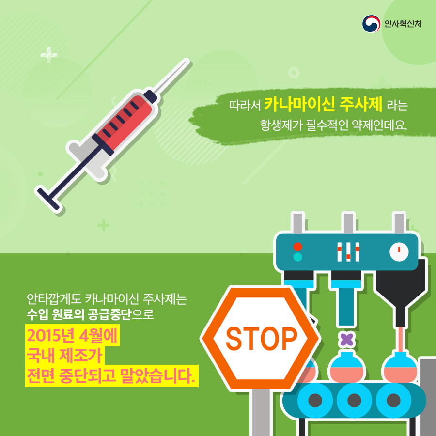 인사혁신처
따라서 카나마이신 주사제 라는 항생제가 필수적인 약제인데요.
안타깝게도 카나마이신 주사제는 수입 원료의 공급중단으로 2015년 4월에 국내 제조가 전면 중단되고 말았습니다.