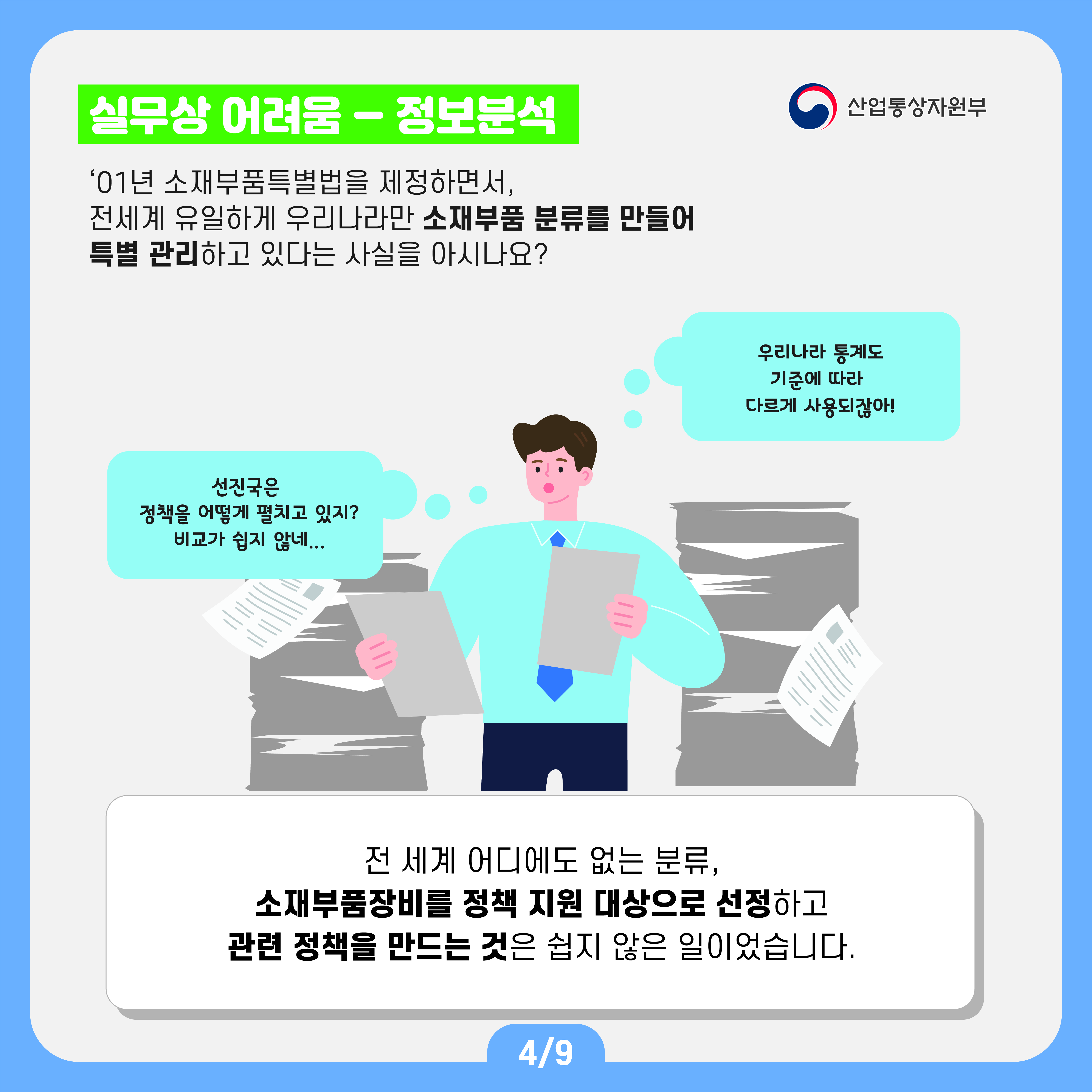산업통상자원부
실무상 어려움 - 정보분석
'01년 소재부품특별법을 제정하면서, 전세계 유일하게 우리나라만 소재부품 분류를 만들어 특별 관리하고 있다는 사실을 아시나요?
선진국은 정책을 어떻게 펼치고 있지? 비교가 쉽지 않네...
우리나라 통계도 기준에 따라 다르게 사용되잖아!
전 세계 어디에도 없는 분류, 소재부품장비를 정책 지원 대상으로 선정하고 관련 정책을 만드는 것은 쉽지 않은 일이었습니다.
4/9
