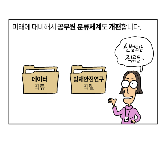 미래에 대비해서 공무원 분류체계도 개편합니다.
신설되는 직류들~
데이터 직류
방재안전연구 직렬