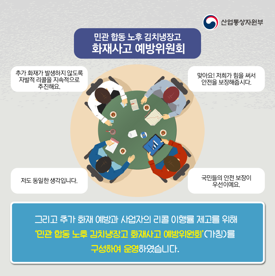 산업통상자원부
민관 합동 노후 김치냉장고 화재사고 예방위원회
추가 화재가 발생하지 않도록 자발적 리콜을 지속적으로 추진해요.
저도 동일한 생각입니다.
맞아요! 저희가 힘을 써서 안전을 보장해줍시다.
국민들의 안전 보장이 우선이예요.
그리고 추가 화재 예방과 사업자의 리콜 이행률 제고를 위해 '민관 합동 노후 김치냉장고 화재사고 예방위원회'(가칭)를 구성하여 운영하였습니다.