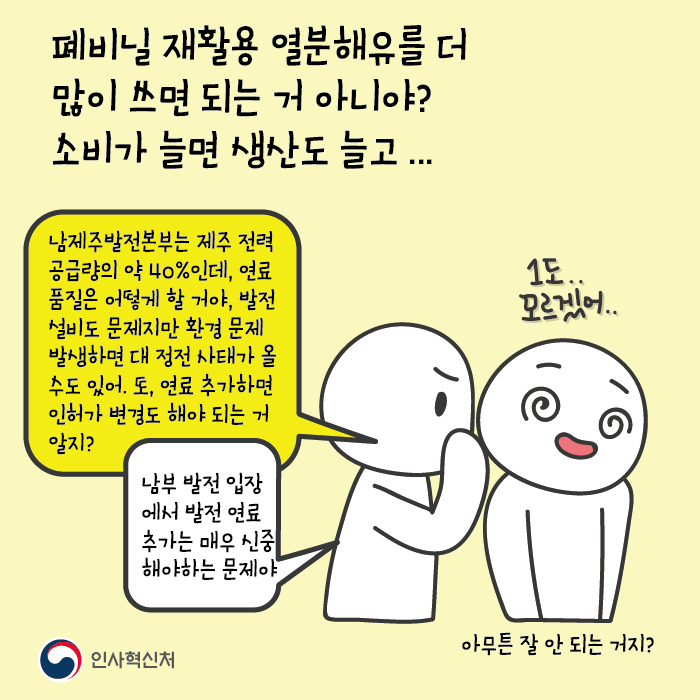 폐비닐 재활용 열분해유를 더 많이 쓰면 되는 거 아니야?
소비가 늘면 생산도 늘고 ...

남제주발전본부는 제주 전력 공급량의 약 40%인데, 연료 품질은 어떻게 할 거야, 발전 설비도 문제지만 환경 문제 발생하면 대 정전 사태가 올 수도 있어. 또 연료 추가하면 인허가 변경도 해야 되는 거 알지?

남부 발전 입장에서 발전 연료 추가는 매우 신중해야하는 문제야

1도.. 모르겠어..
아무튼 잘 안 되는 거지?

인사혁신처