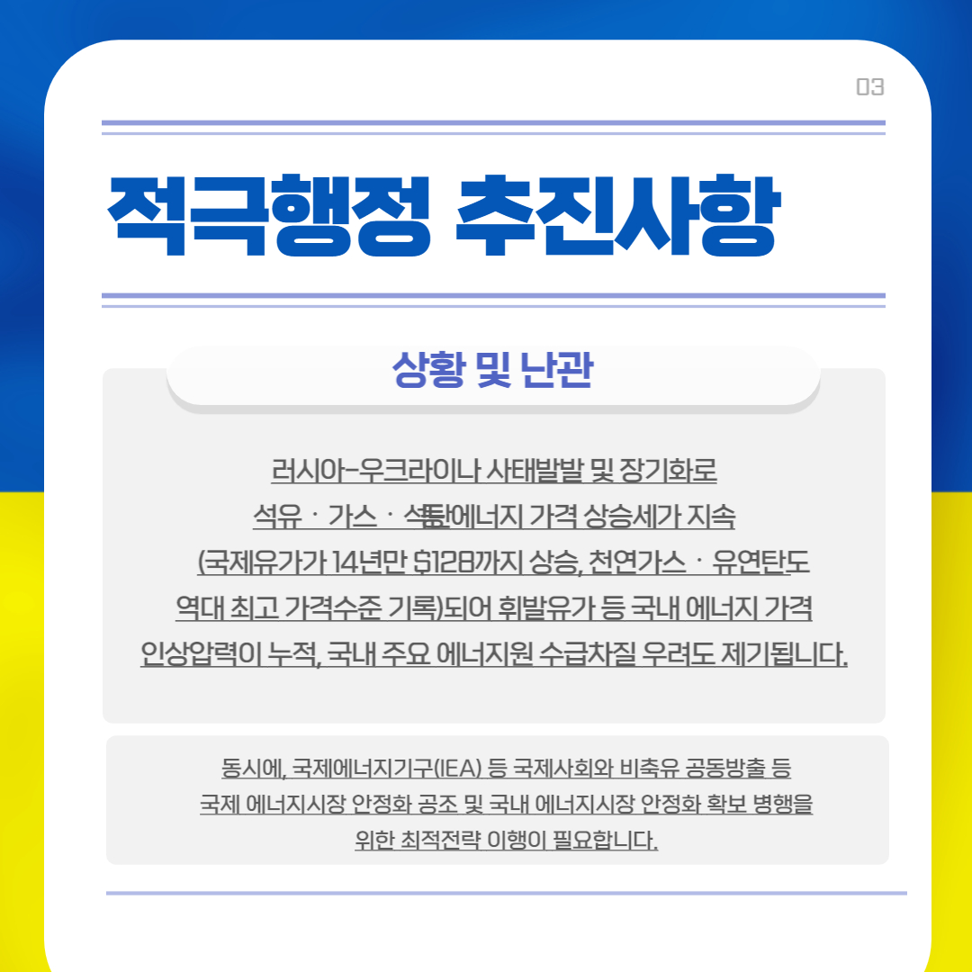 03 적극행정 추진사항
상황 및 난관
러시아-우크라이나 사태발발 및 장기화로 석유·가스·에너지 가격 상승세가 지속 (국제유가가 14년만 $128까지 상승, 천연가스 · 유연탄도 역대 최고 가격수준 기록)되어 휘발유가 등 국내 에너지 가격 인상압력이 누적, 국내 주요 에너지원 수급차질 우려도 제기됩니다.
동시에, 국제에너지기구(IEA) 등 국제사회와 비축유 공동방출 등 국제 에너지시장 안정화 공조 및 국내 에너지시장 안정화 확보 병행을 위한 최적전략 이행이 필요합니다.
