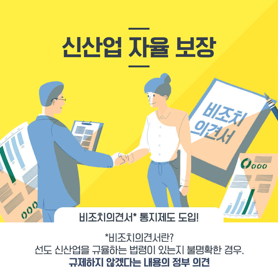 신산업 자율 보장
비조치의견서* 통지제도 도입!
*비조치의견서란?
선도 신산업을 규율하는 법령이 있는지 불명확한 경우. 규제하지 않겠다는 내용의 정부 의견
