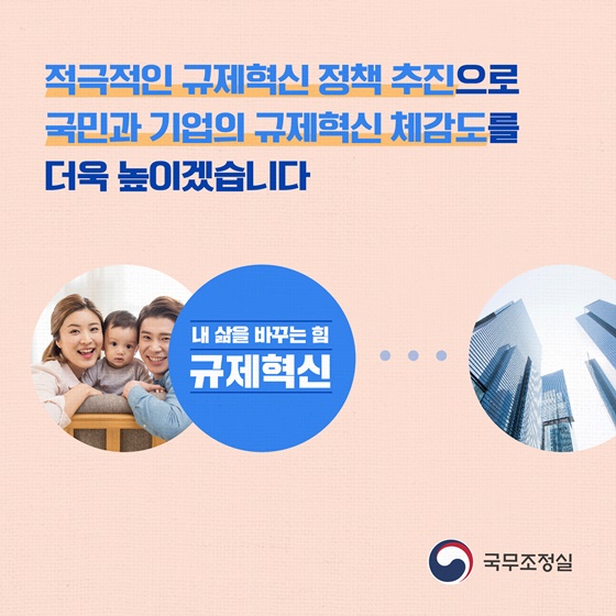 적극적인 규제혁신 정책 추진으로 국민과 기업의 규제혁신 체감도를 더욱 높이겠습니다
내 삶을 바꾸는 힘 규제혁신
국무조정실