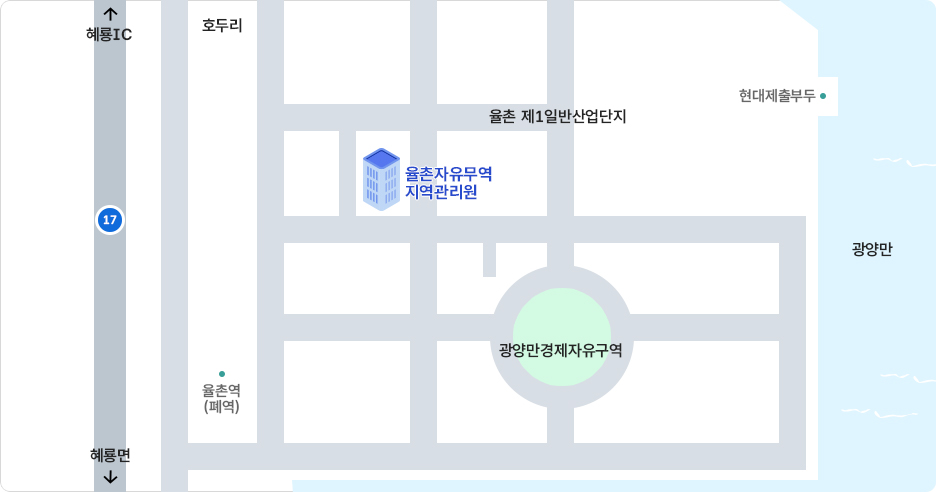 전남 순천시 해룡면 율촌산단4로 26-253. 산업통상자원부 율촌자유무역지역관리원  약도 이미지